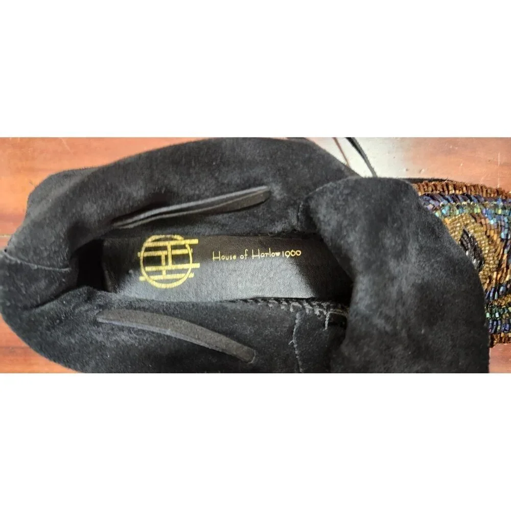 House of Harlow 1960 Beaded Suede Lace-Up Moccasin Boots Black Gold Boho Festiva
